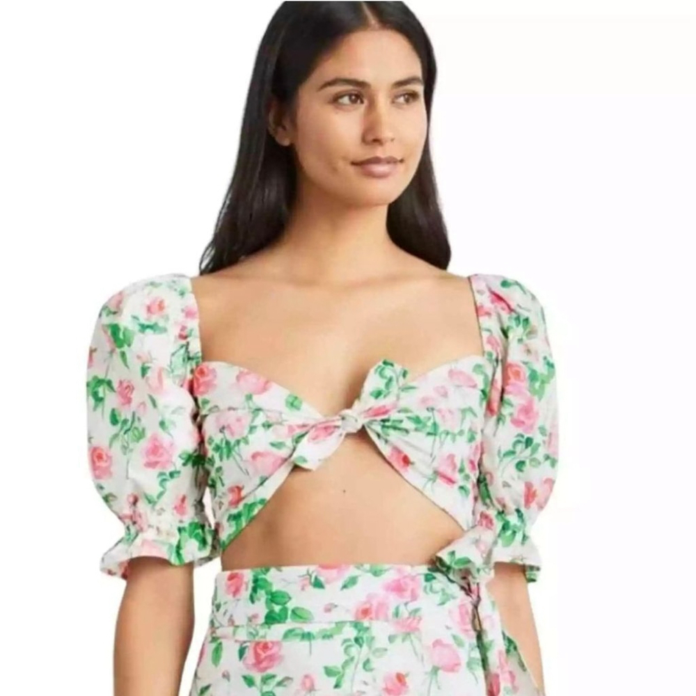 Hill House Puff Sleeve Cottage Isabella Crop Top Pink Roses Sz S NWT Spring
